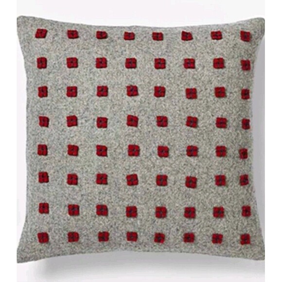 West Elm Gray Wool Blend Pillow Red Felt Xmas Gifts 16 X 16 Feather Down - Picture 1 of 6